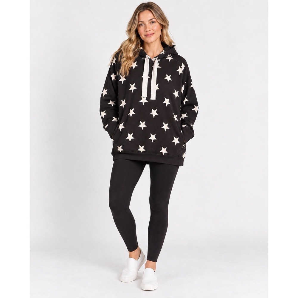 UGG Star Print Oversized Longline Hoodie Tunic Women M Black White Sweatshirt